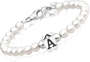 Personalized Initial Letter Alphabet Charm Bracelet for Girl, Kids Sterling Silver Jewelry for Girls Baptism Gifts, Birthday Gift, White Pearl Initial Bracelet Letter A-Z