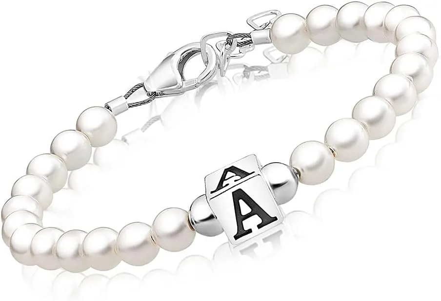 Personalized Initial Letter Alphabet Charm Bracelet for Girl, Kids Sterling Silver Jewelry for Girls Baptism Gifts, Birthday Gift, White Pearl Initial Bracelet Letter A-Z