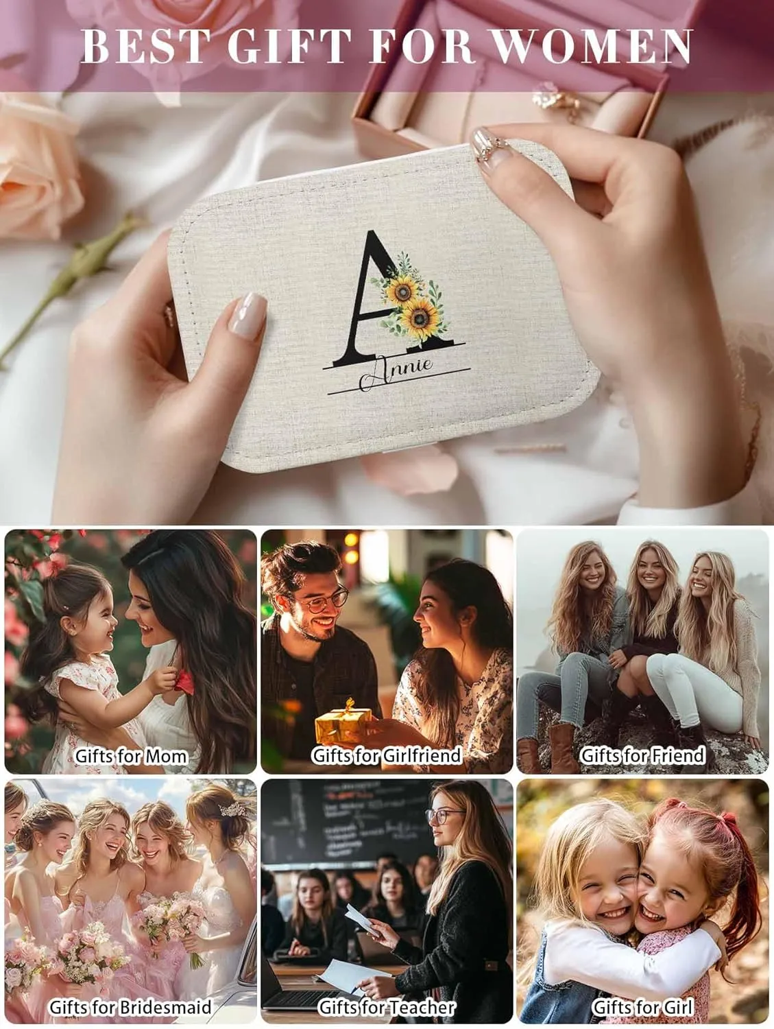 Personalized Jewelry Organizer for Women, PU Leather Custom Jewelry Box with Name for Birthday Bridesmaid Anniversary Girls Gifts, Necklace Earring Ring Storage Gift Case (6.3x4.3x2 Inch)