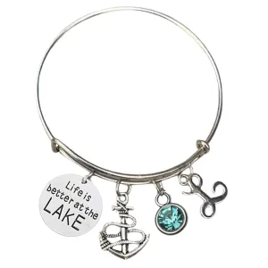 Personalized Life is Better at The Lake Nautical Bracelet with choice of Initial and Birthstone charm, Lake Jewelry, Gift for Lake Girls