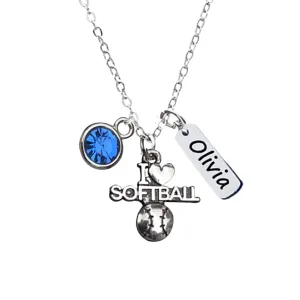 Personalized Love Softball Necklace, Engraved Name Charm, Custom Softball Gift, Softball Pendent Jewelry, Softball Player Gift