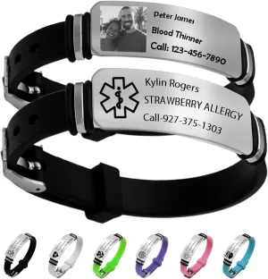 Personalized Medical Alert Bracelet Custom Medical Id Bracelets-Free Engraving Adjustable Silicone Wristband, Diabetes/Epilepsy/Autism Bracelets for Women Men