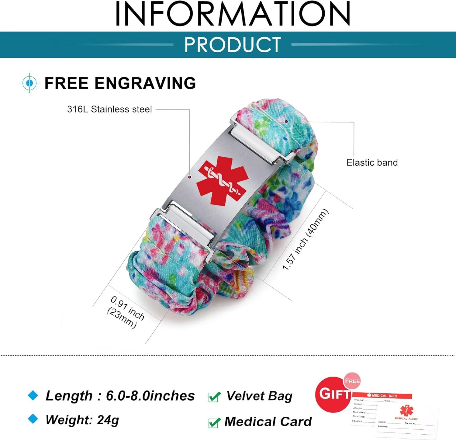 Personalized Medical Alert Bracelets for Women Custom Medical ID Bracelets for Women Elastic Cloth Band Emergency Bracelet with Free Engraving Adjustable 6.0-8.0 Inches