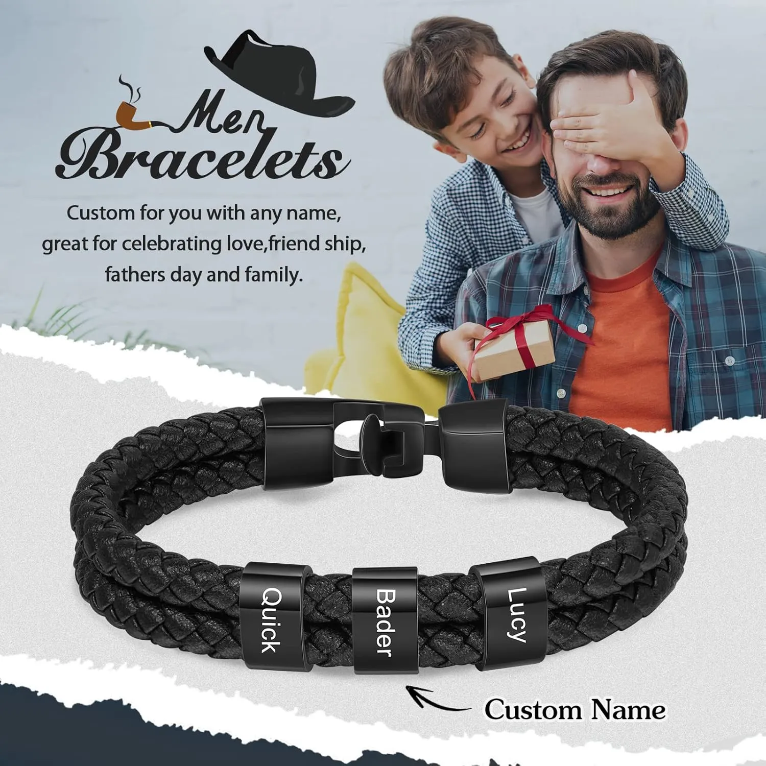 Personalized Men's Bracelet with Engraved 1-8 Names Custom Name Bracelets for Men Customized Jewelry Gifts for Dad Fathers Day