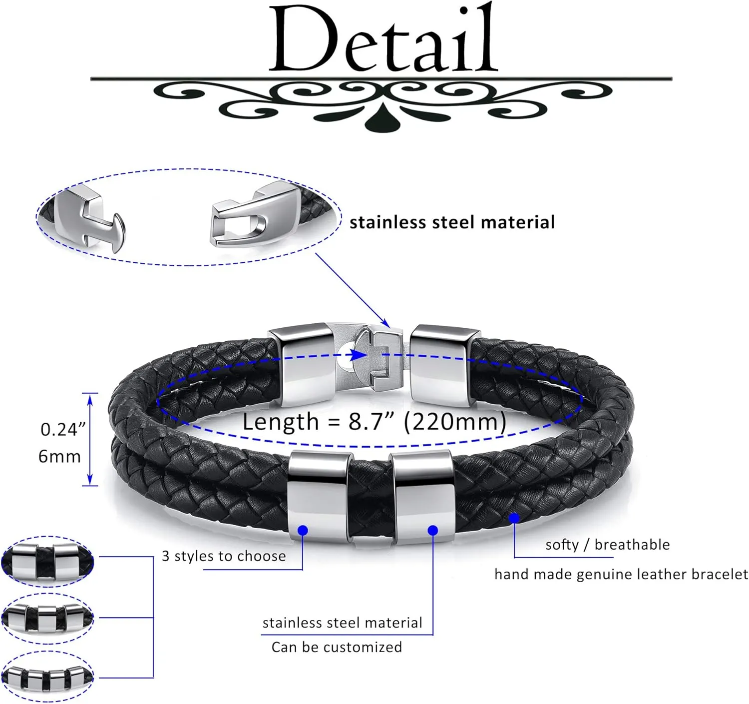 Personalized Mens Braid Leather Bracelets with Custom Names Beads Engraved Name Bracelet Stainless Steel Personalized ID Bracelet with Family Names Father's Day Gift