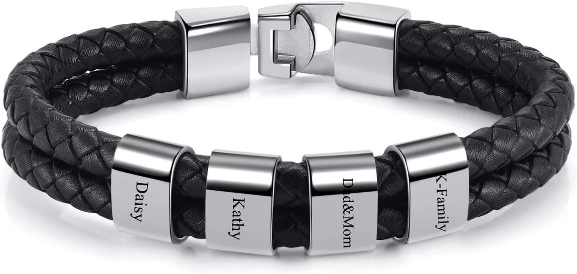 Personalized Mens Braid Leather Bracelets with Custom Names Beads Engraved Name Bracelet Stainless Steel Personalized ID Bracelet with Family Names Father's Day Gift
