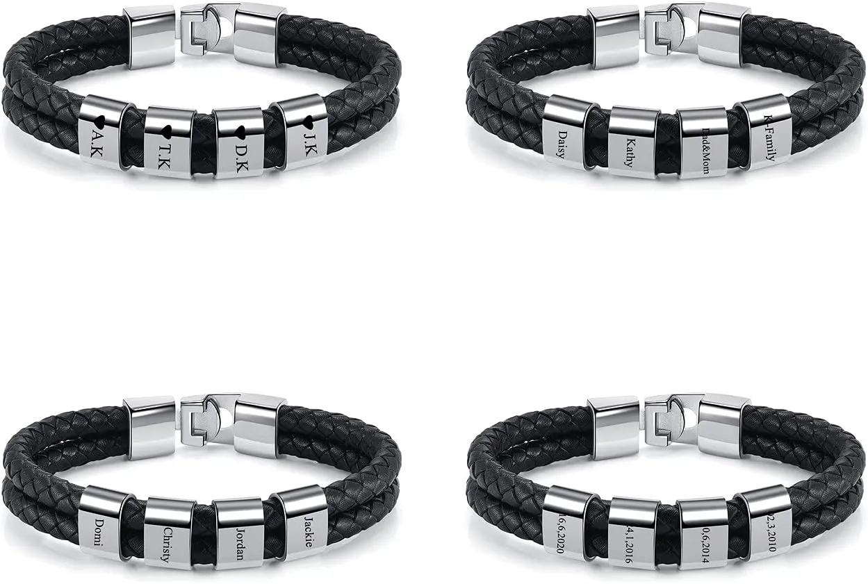 Personalized Mens Braid Leather Bracelets with Custom Names Beads Engraved Name Bracelet Stainless Steel Personalized ID Bracelet with Family Names Father's Day Gift