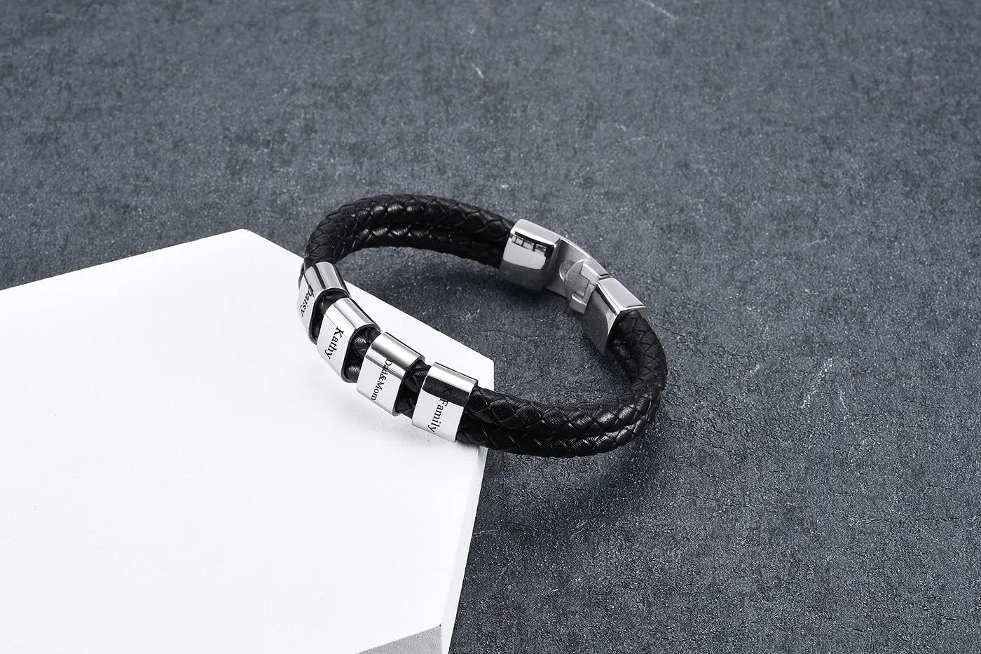 Personalized Mens Braid Leather Bracelets with Custom Names Beads Engraved Name Bracelet Stainless Steel Personalized ID Bracelet with Family Names Father's Day Gift
