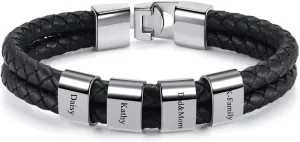 Personalized Mens Braid Leather Bracelets with Custom Names Beads Engraved Name Bracelet Stainless Steel Personalized ID Bracelet with Family Names Father's Day Gift