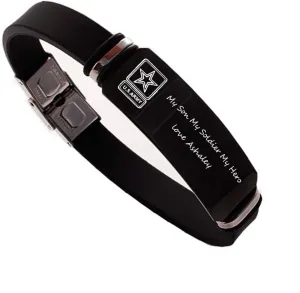 Personalized Military Jewelry Stainless Steel and Rubber Bracelets Engraved Army Sign Deployment Gift Black