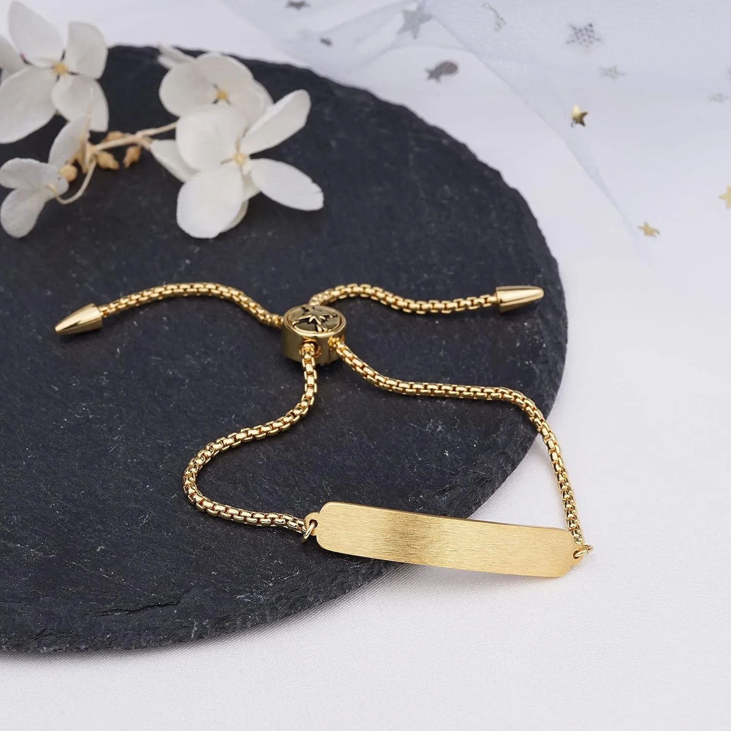 Personalized Name Bar Bracelet for Women Custom ID Engraved Date Quote Coordinates Gold Silver Plated Bracelets with Adjustable Chain Best Friend Bridesmaid Gift