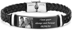 Personalized Picture Bracelet for Men - Free Custom Leather Bracelets,Hypoallergenic Stainless Steel Adjustable Engraved Wristband,Trendy Waterproof Customized Photo Bracelet,Birthday Gift for Him