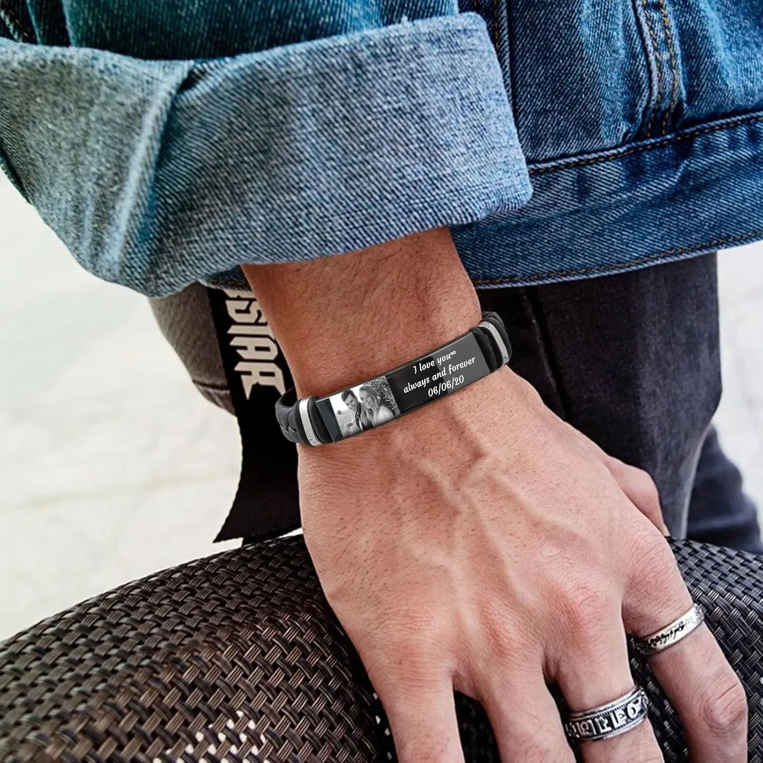 Personalized Picture Bracelet for Men - Free Custom Leather Bracelets,Hypoallergenic Stainless Steel Adjustable Engraved Wristband,Trendy Waterproof Customized Photo Bracelet,Birthday Gift for Him