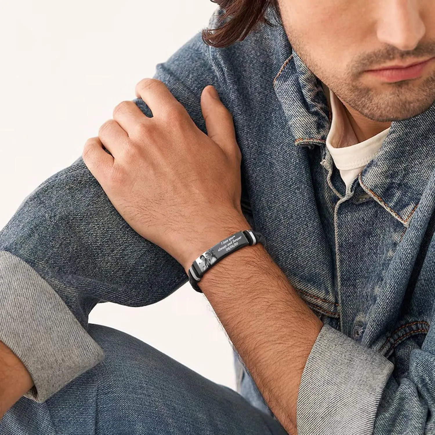 Personalized Picture Bracelet for Men - Free Custom Leather Bracelets,Hypoallergenic Stainless Steel Adjustable Engraved Wristband,Trendy Waterproof Customized Photo Bracelet,Birthday Gift for Him