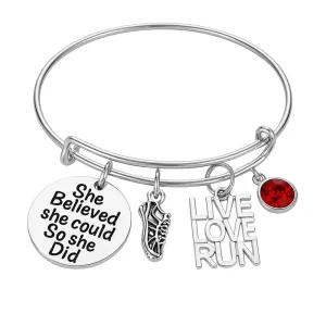 Personalized Runner Bracelet, Custom She Believed She Could Birthstone Charm Bangle Bracelet, Running Gifts, Running Jewelry, Marathon, Track and Field Bracelet for Women, Teens and Girls