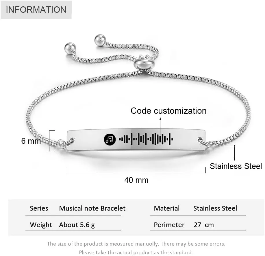 Personalized Spotify Bracelets Scannable Spotify Code Music Bracelet Stainless Steel Custom Adjustable Link Bracelet Gifts for Men Women Boyfriend