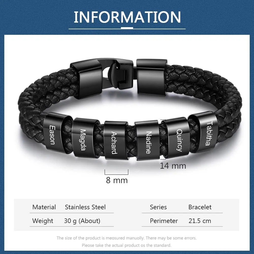 Personalized Stainless Steal Leather Bracelet with Laser Engraved Names