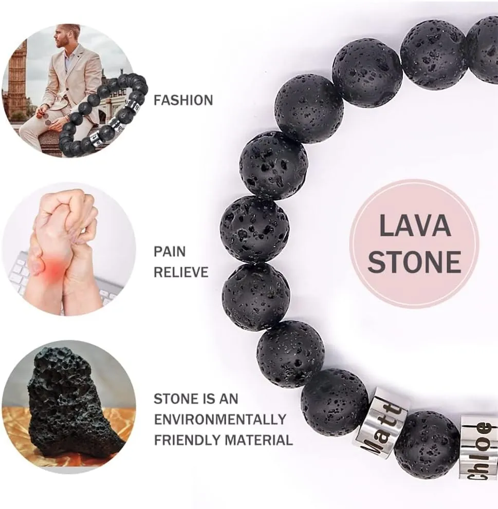 Personalized Stone Beads Bracelets for Men with Name Engraved Lava Beads Bracelet Tiger Eye Beads Custom Family Name Bracelet for Fathers Day