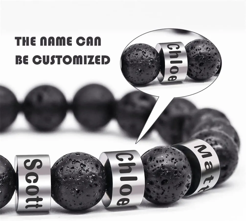 Personalized Stone Beads Bracelets for Men with Name Engraved Lava Beads Bracelet Tiger Eye Beads Custom Family Name Bracelet for Fathers Day