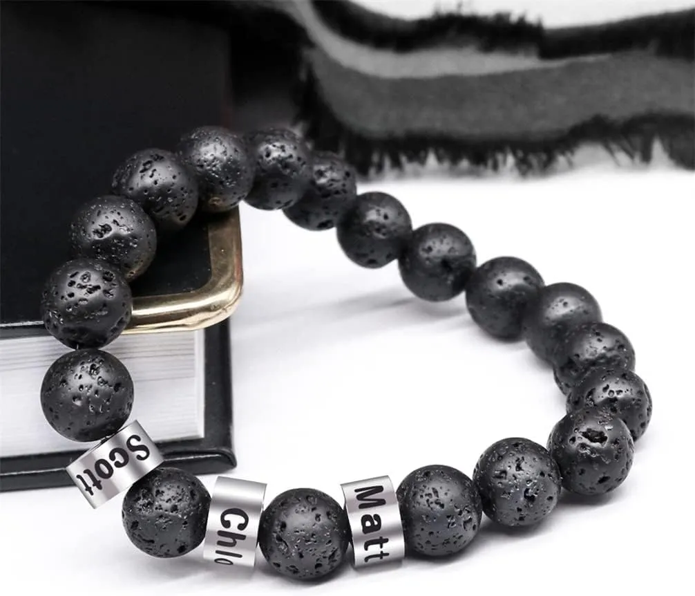 Personalized Stone Beads Bracelets for Men with Name Engraved Lava Beads Bracelet Tiger Eye Beads Custom Family Name Bracelet for Fathers Day