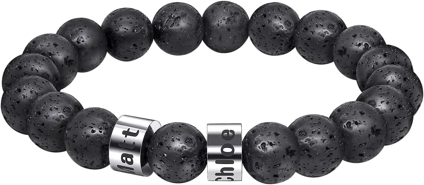 Personalized Stone Beads Bracelets for Men with Name Engraved Lava Beads Bracelet Tiger Eye Beads Custom Family Name Bracelet for Fathers Day