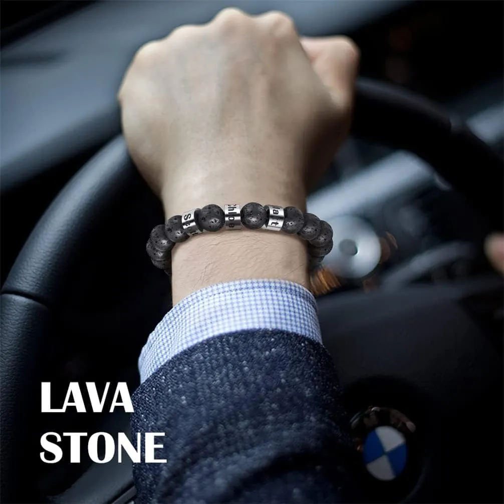 Personalized Stone Beads Bracelets for Men with Name Engraved Lava Beads Bracelet Tiger Eye Beads Custom Family Name Bracelet for Fathers Day