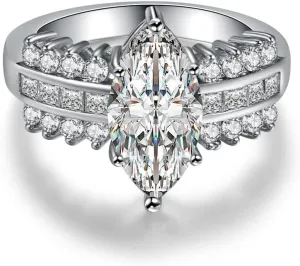 Plated Silver Dainty Wedding Engagement Band Half Eternity Ring, Marquise Cut Cubic Zirconia CZ Statement Promise Ring for Women (US size 7)