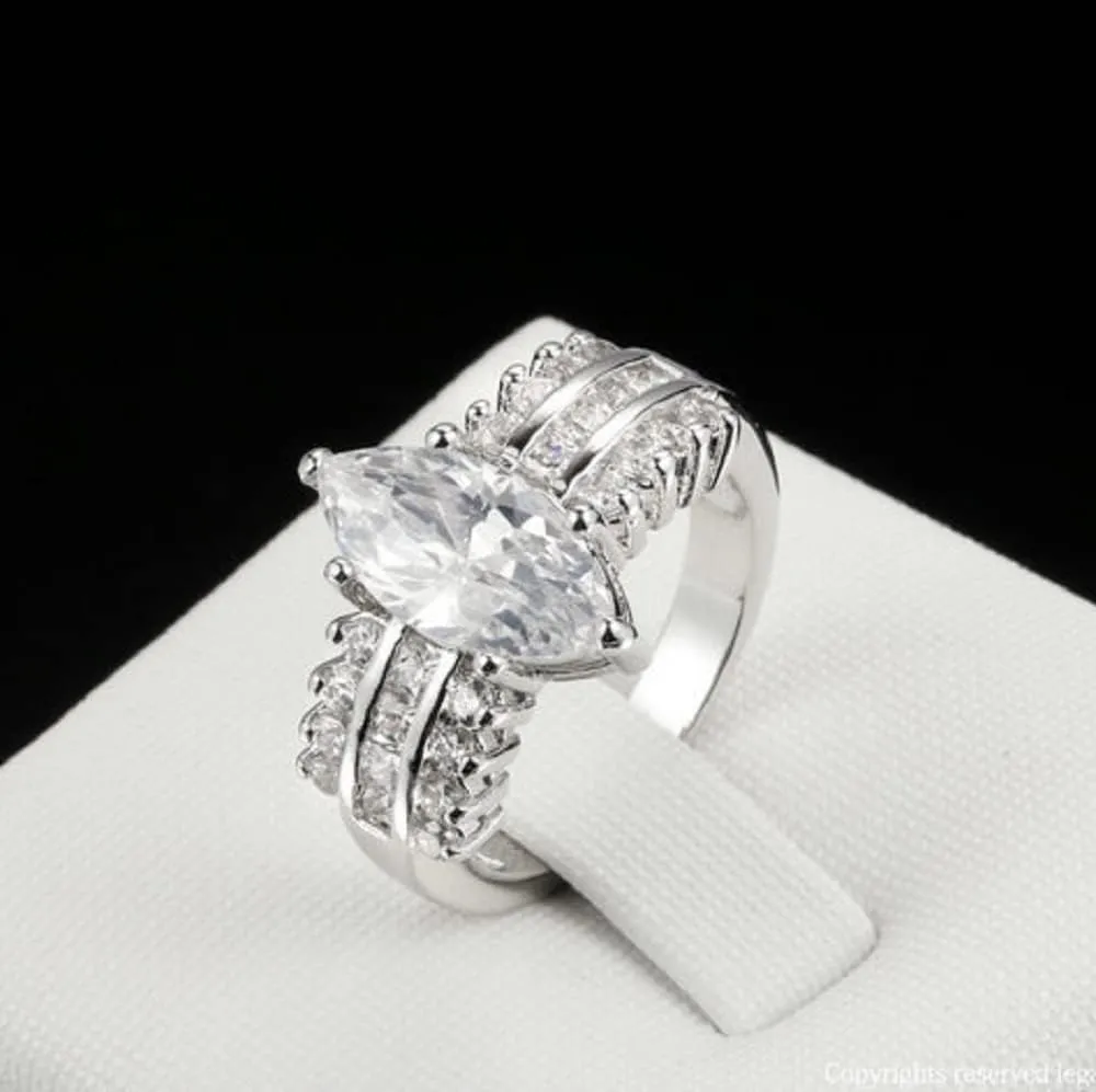 Plated Silver Dainty Wedding Engagement Band Half Eternity Ring, Marquise Cut Cubic Zirconia CZ Statement Promise Ring for Women (US size 7)