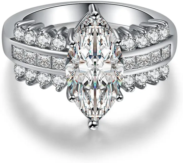 Plated Silver Dainty Wedding Engagement Band Half Eternity Ring, Marquise Cut Cubic Zirconia CZ Statement Promise Ring for Women (US size 7)