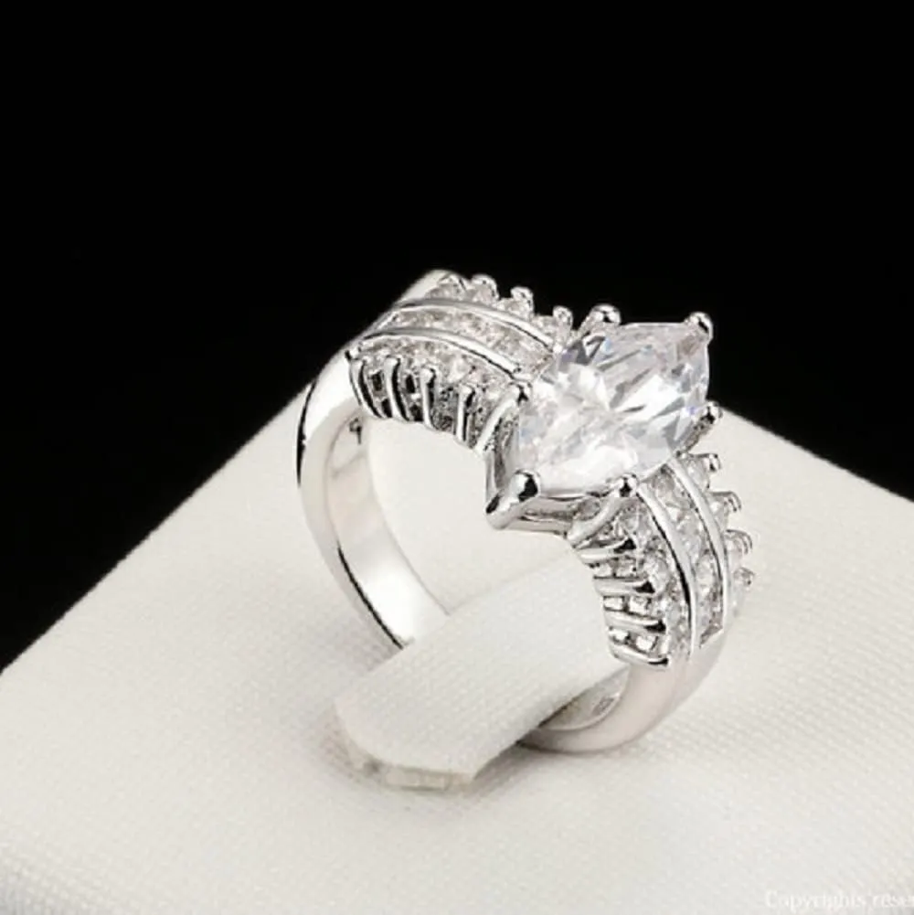 Plated Silver Dainty Wedding Engagement Band Half Eternity Ring, Marquise Cut Cubic Zirconia CZ Statement Promise Ring for Women (US size 7)