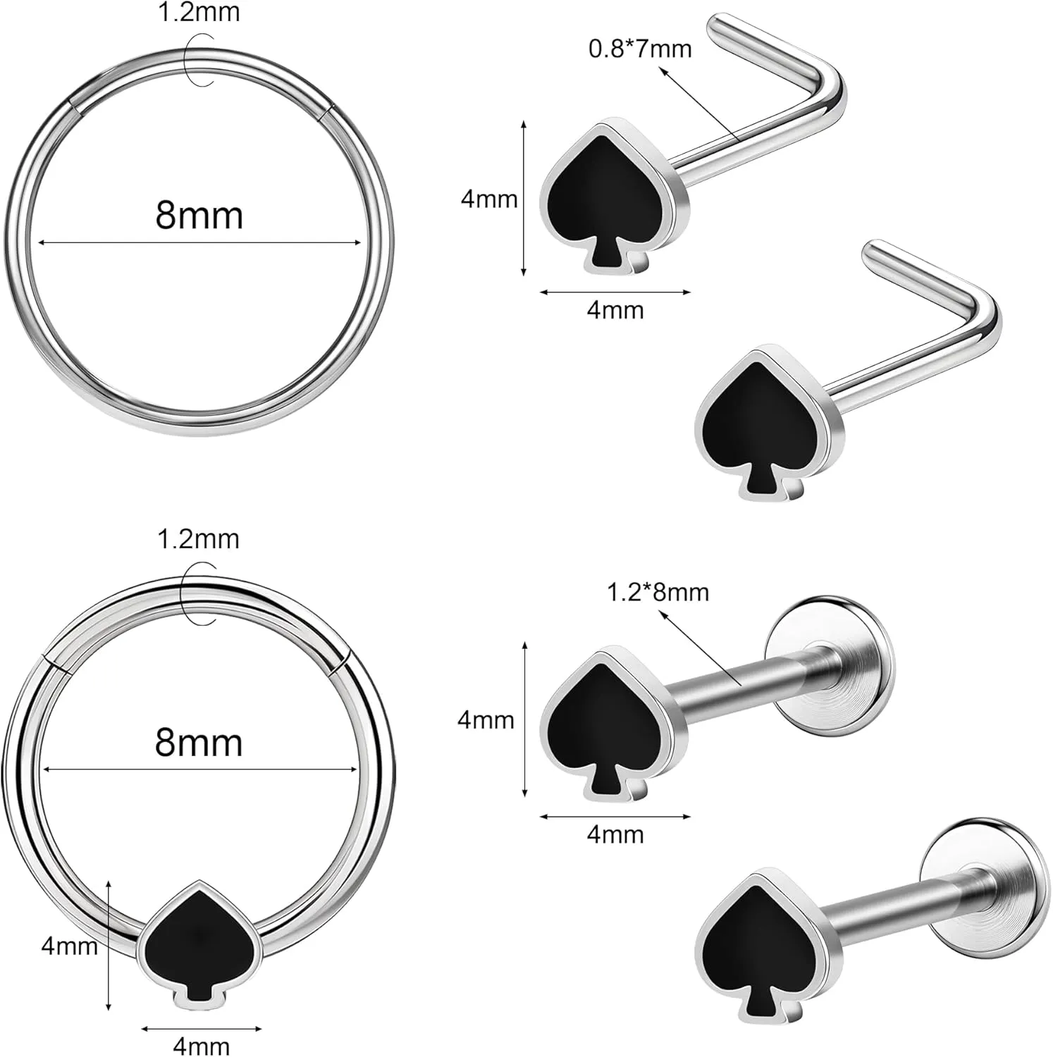 Poker Nose Rings Hoop and Nose Studs Sets Piercings Jewelry for Women Men Surgical Steel Hypoallergenic 16G Mustache Septum Ring Flat Back Nose Stud Earrings Helix Cartilage 6Pcs