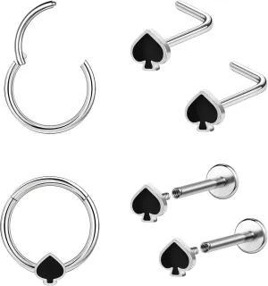 Poker Nose Rings Hoop and Nose Studs Sets Piercings Jewelry for Women Men Surgical Steel Hypoallergenic 16G Mustache Septum Ring Flat Back Nose Stud Earrings Helix Cartilage 6Pcs