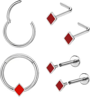 Poker Nose Rings Hoop and Nose Studs Sets Piercings Jewelry for Women Men Surgical Steel Hypoallergenic 16G Mustache Septum Ring Flat Back Nose Stud Earrings Helix Cartilage 6Pcs