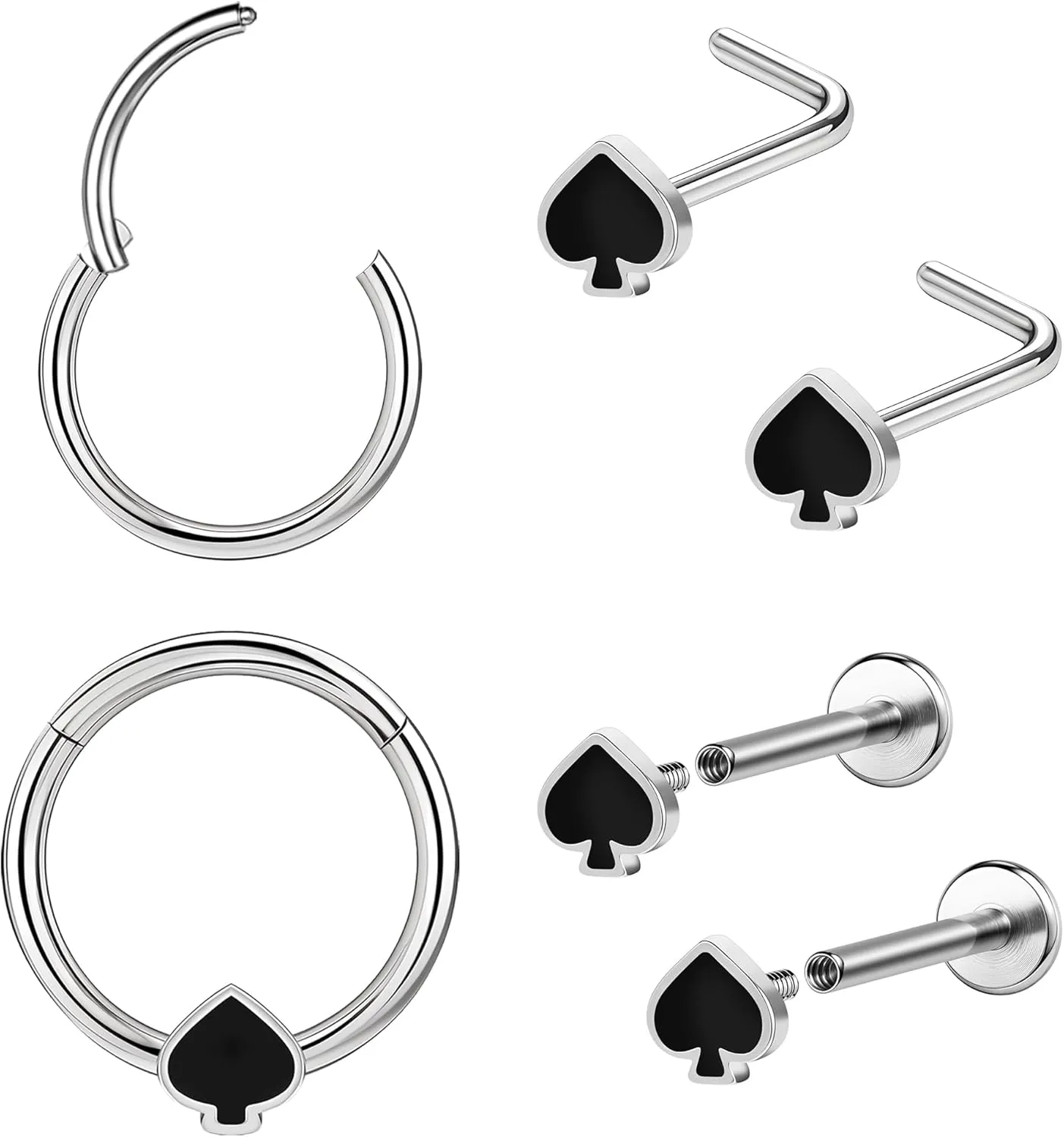 Poker Nose Rings Hoop and Nose Studs Sets Piercings Jewelry for Women Men Surgical Steel Hypoallergenic 16G Mustache Septum Ring Flat Back Nose Stud Earrings Helix Cartilage 6Pcs