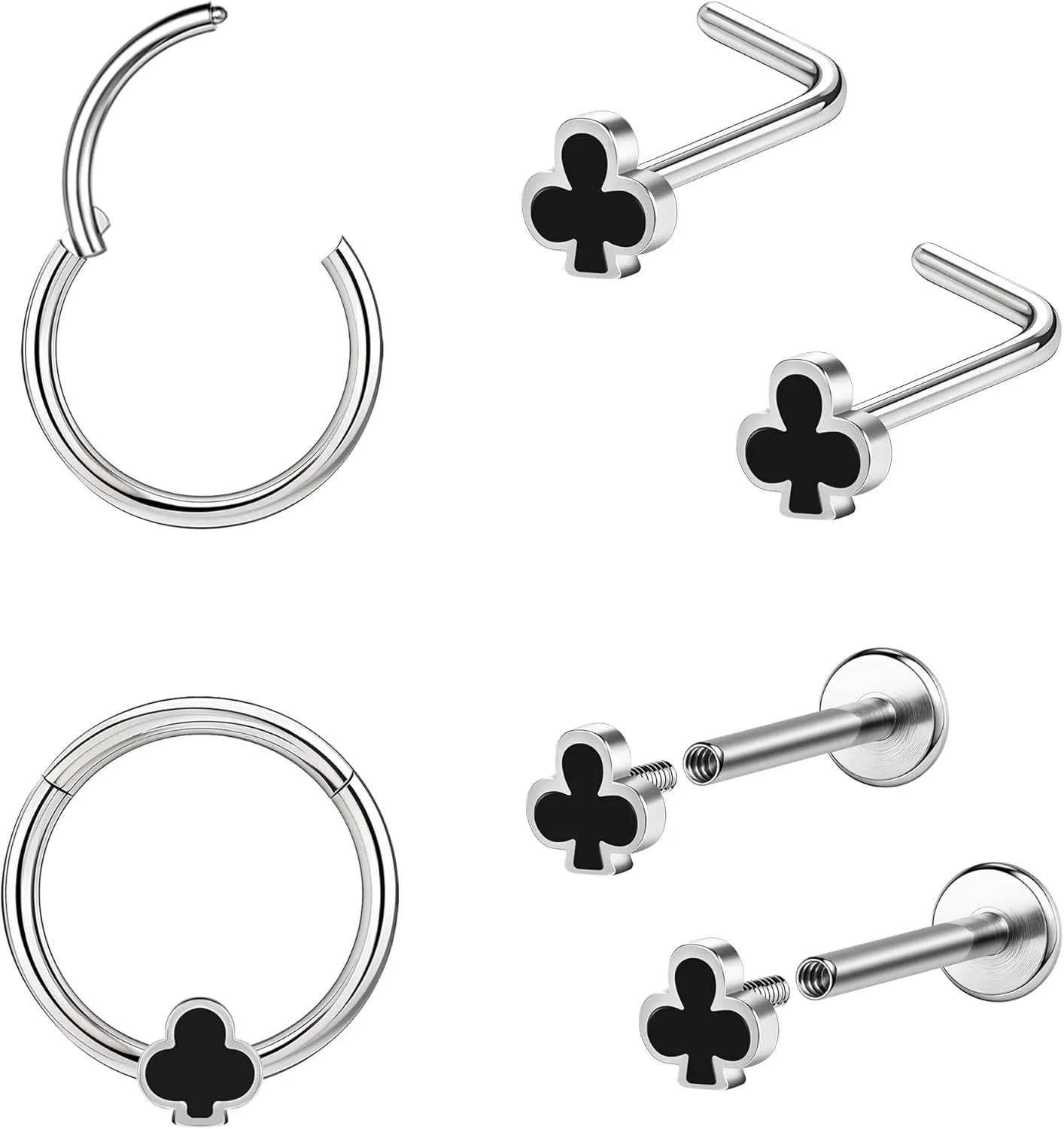 Poker Nose Rings Hoop and Nose Studs Sets Piercings Jewelry for Women Men Surgical Steel Hypoallergenic 16G Mustache Septum Ring Flat Back Nose Stud Earrings Helix Cartilage 6Pcs