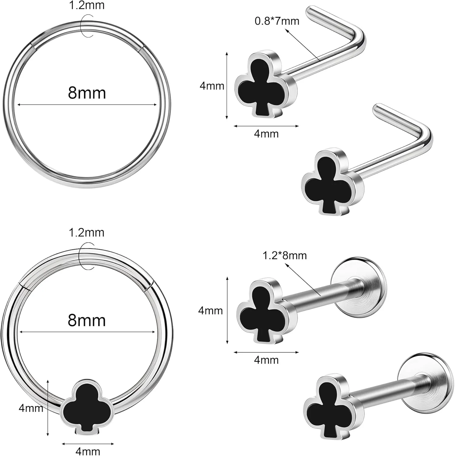 Poker Nose Rings Hoop and Nose Studs Sets Piercings Jewelry for Women Men Surgical Steel Hypoallergenic 16G Mustache Septum Ring Flat Back Nose Stud Earrings Helix Cartilage 6Pcs