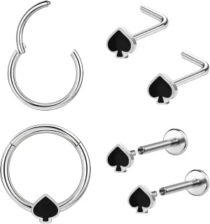 Poker Nose Rings Hoop and Nose Studs Sets Piercings Jewelry for Women Men Surgical Steel Hypoallergenic 16G Mustache Septum Ring Flat Back Nose Stud Earrings Helix Cartilage 6Pcs