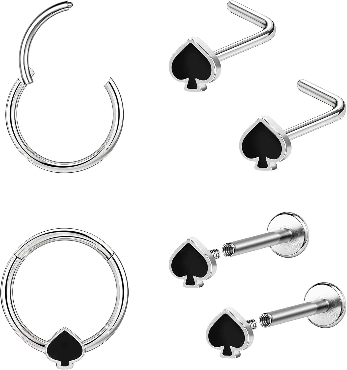 Poker Nose Rings Hoop and Nose Studs Sets Piercings Jewelry for Women Men Surgical Steel Hypoallergenic 16G Mustache Septum Ring Flat Back Nose Stud Earrings Helix Cartilage 6Pcs