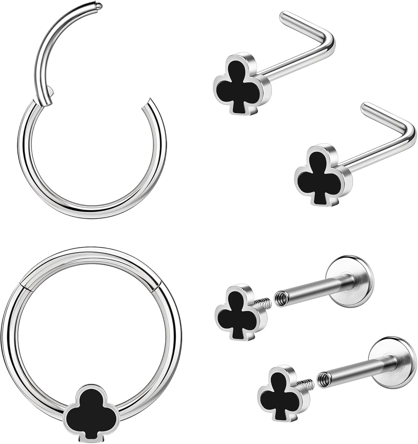 Poker Nose Rings Hoop and Nose Studs Sets Piercings Jewelry for Women Men Surgical Steel Hypoallergenic 16G Mustache Septum Ring Flat Back Nose Stud Earrings Helix Cartilage 6Pcs