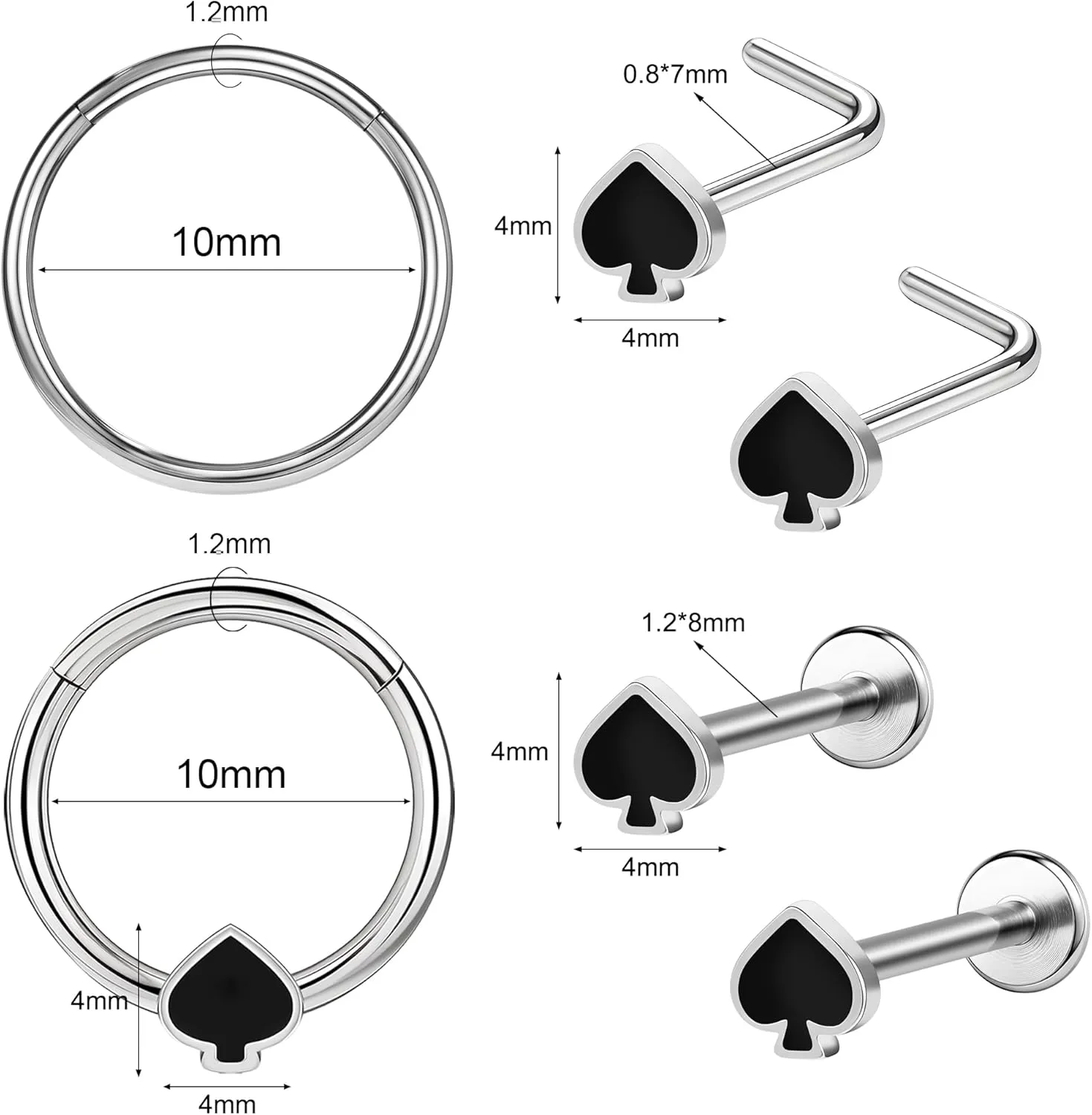 Poker Nose Rings Hoop and Nose Studs Sets Piercings Jewelry for Women Men Surgical Steel Hypoallergenic 16G Mustache Septum Ring Flat Back Nose Stud Earrings Helix Cartilage 6Pcs