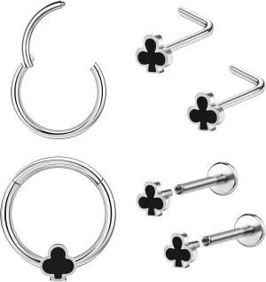 Poker Nose Rings Hoop and Nose Studs Sets Piercings Jewelry for Women Men Surgical Steel Hypoallergenic 16G Mustache Septum Ring Flat Back Nose Stud Earrings Helix Cartilage 6Pcs