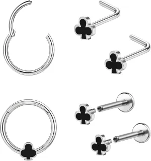 Poker Nose Rings Hoop and Nose Studs Sets Piercings Jewelry for Women Men Surgical Steel Hypoallergenic 16G Mustache Septum Ring Flat Back Nose Stud Earrings Helix Cartilage 6Pcs