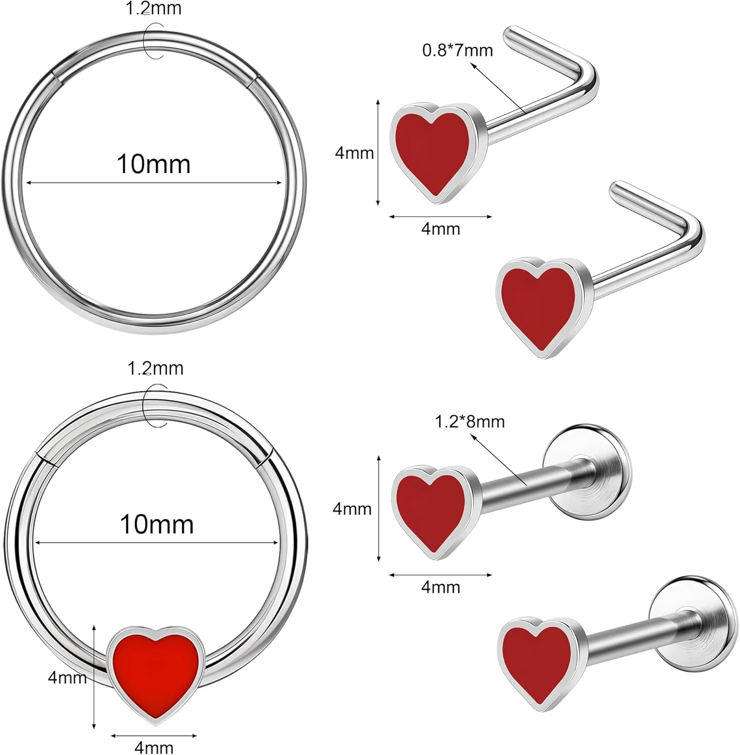 Poker Nose Rings Hoop and Nose Studs Sets Piercings Jewelry for Women Men Surgical Steel Hypoallergenic 16G Mustache Septum Ring Flat Back Nose Stud Earrings Helix Cartilage 6Pcs