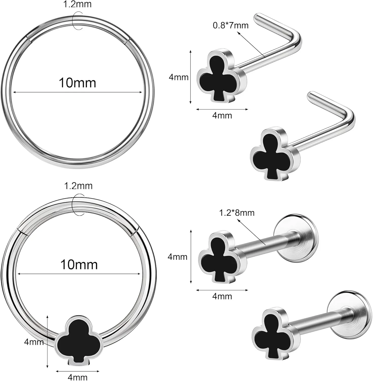 Poker Nose Rings Hoop and Nose Studs Sets Piercings Jewelry for Women Men Surgical Steel Hypoallergenic 16G Mustache Septum Ring Flat Back Nose Stud Earrings Helix Cartilage 6Pcs