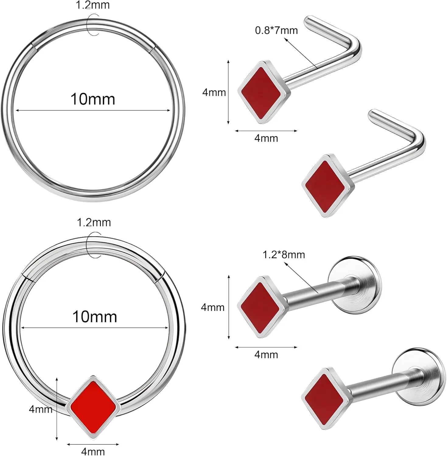 Poker Nose Rings Hoop and Nose Studs Sets Piercings Jewelry for Women Men Surgical Steel Hypoallergenic 16G Mustache Septum Ring Flat Back Nose Stud Earrings Helix Cartilage 6Pcs