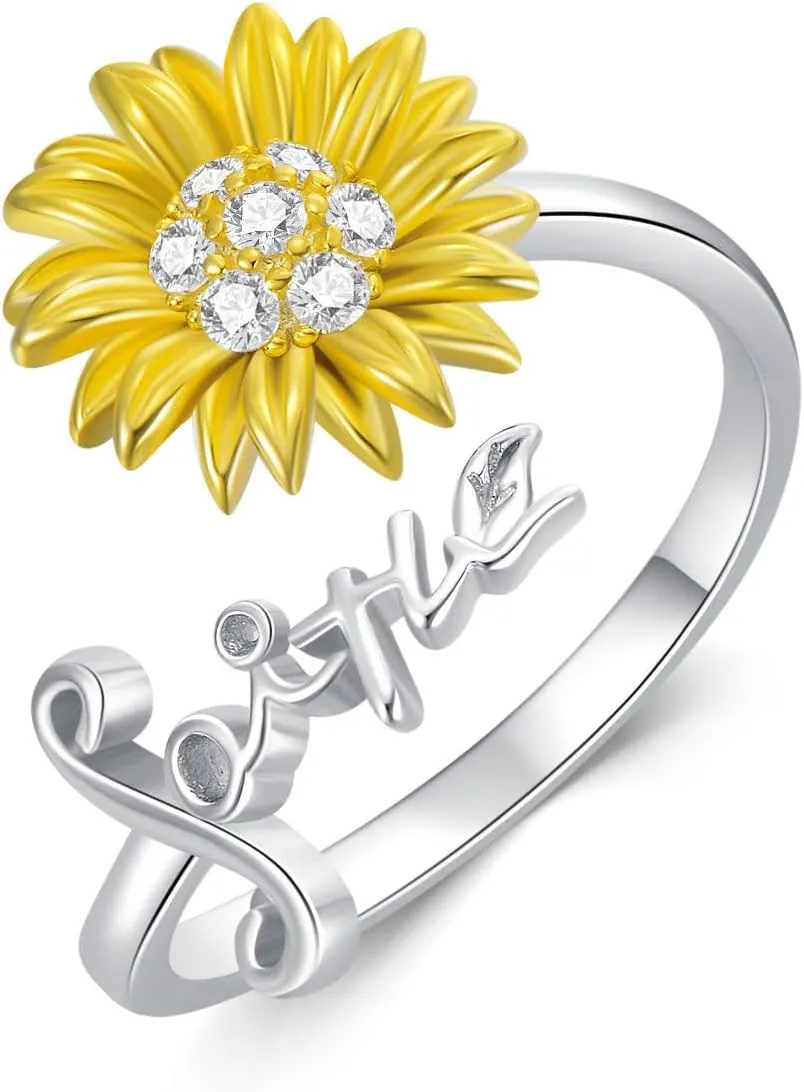 POPLYKE Faith Ring 925 Sterling Sliver Faith Hope Love Cross Rings Sunflower Adjustable Wrap Rings for Women Inspirational Jewelry Gifts