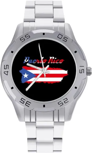 Puerto Rico Flag Map Stainless Steel Band Business Watch Dress Wrist Unique Luxury Work Casual Waterproof Watches