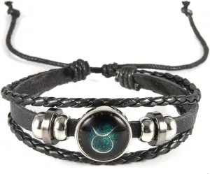 Punk 12 Constellation Leather Bracelet Handmade Braided Zodiac Bangle for Women Men 2 Piece Set