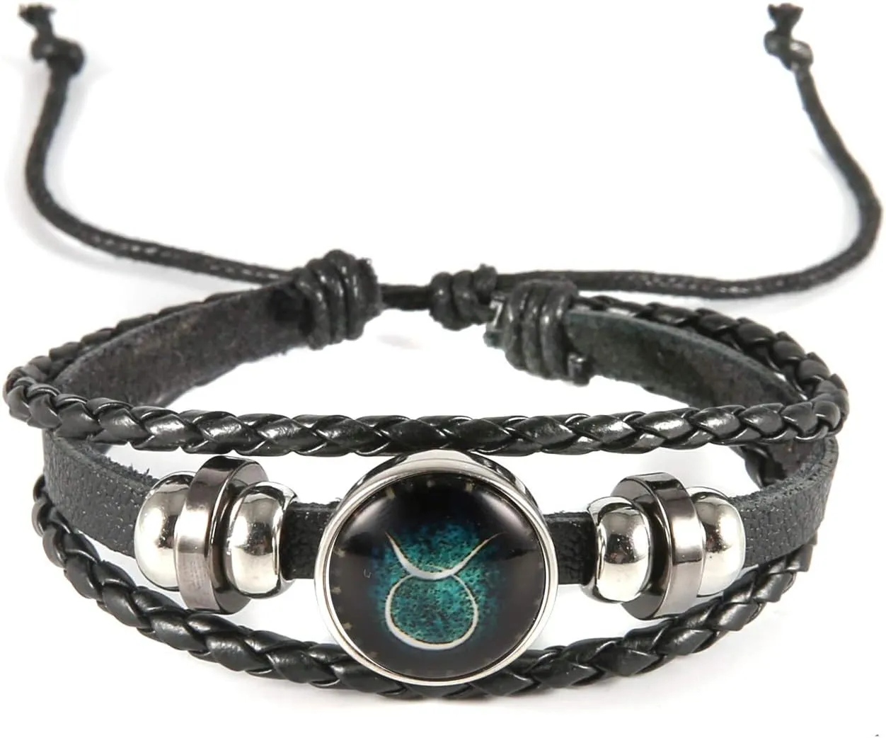 Punk 12 Constellation Leather Bracelet Handmade Braided Zodiac Bangle for Women Men 2 Piece Set