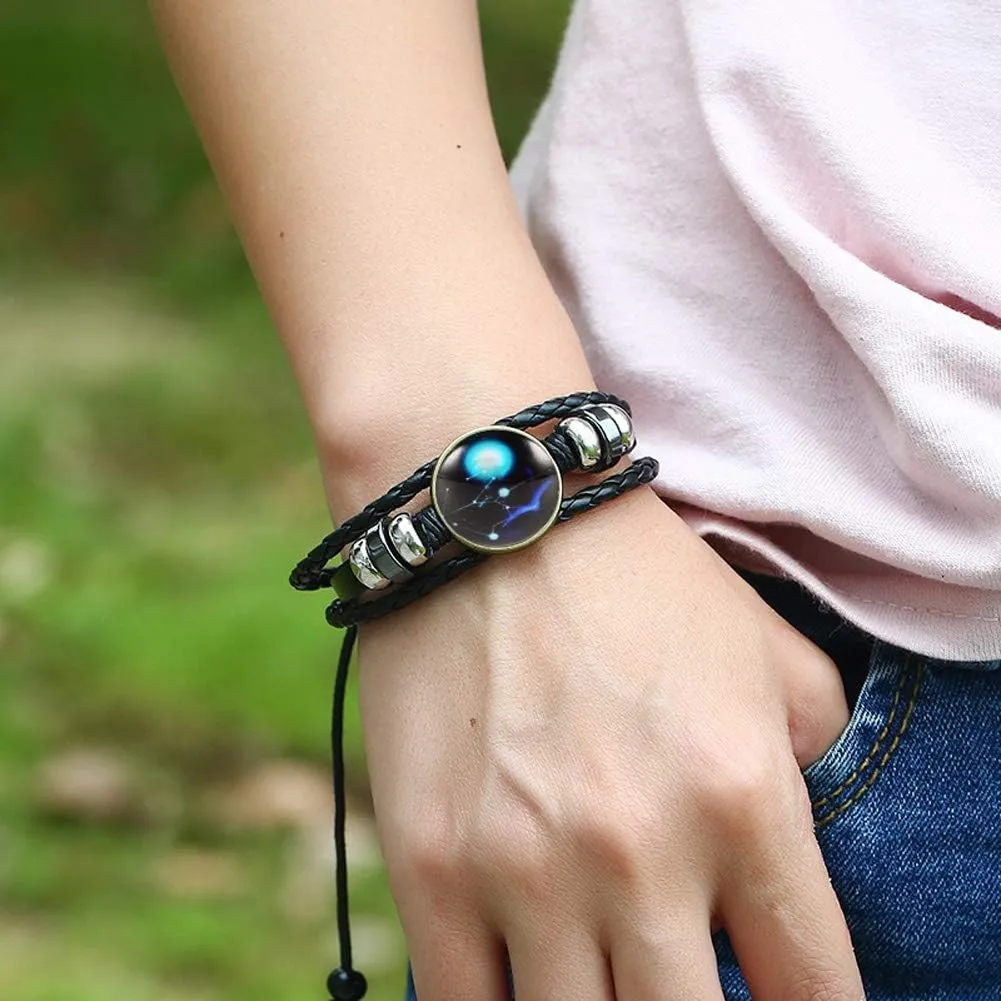 Punk 12 Constellation Leather Bracelet Handmade Braided Zodiac Bangle for Women Men 2 Piece Set